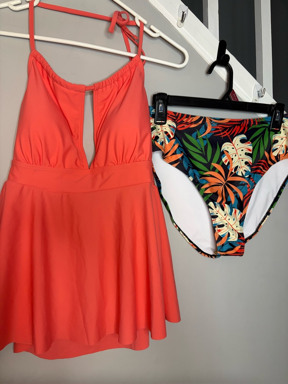0204: Coral Swim Dress with Tropical Print Bikini Briefs